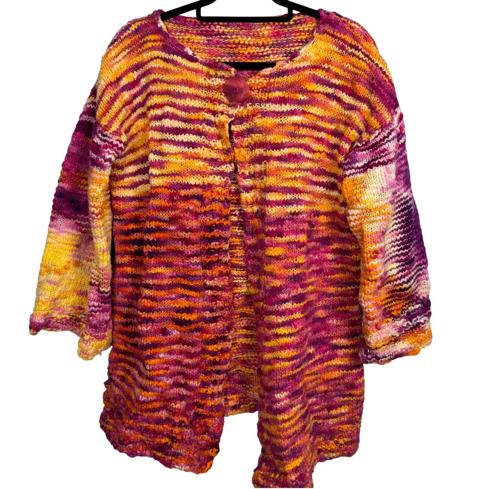 Chunky HandKnit Women L Orange Purple Cardigan Sweater Gypsy Boho Cottage Artsy